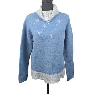 Susan Bristol Winter Sweater Blue Gray Embroidered Star Embellished Womens XL